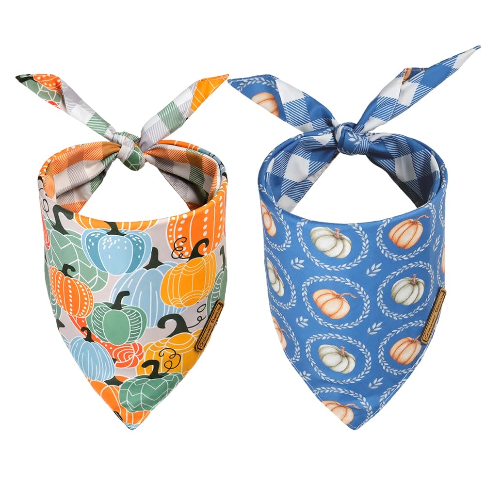 CROWNED BEAUTY Bandanas reversibles para perros de otoño - Paquete de 2 calabazas para perros medianos a XL DB65-L