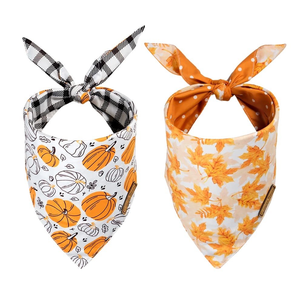 CROWNED BEAUTY Reversible Fall Dog Bandanas - Pumpkins, Maple Leaves 2-Pack for Medium to XL Dogs DB66