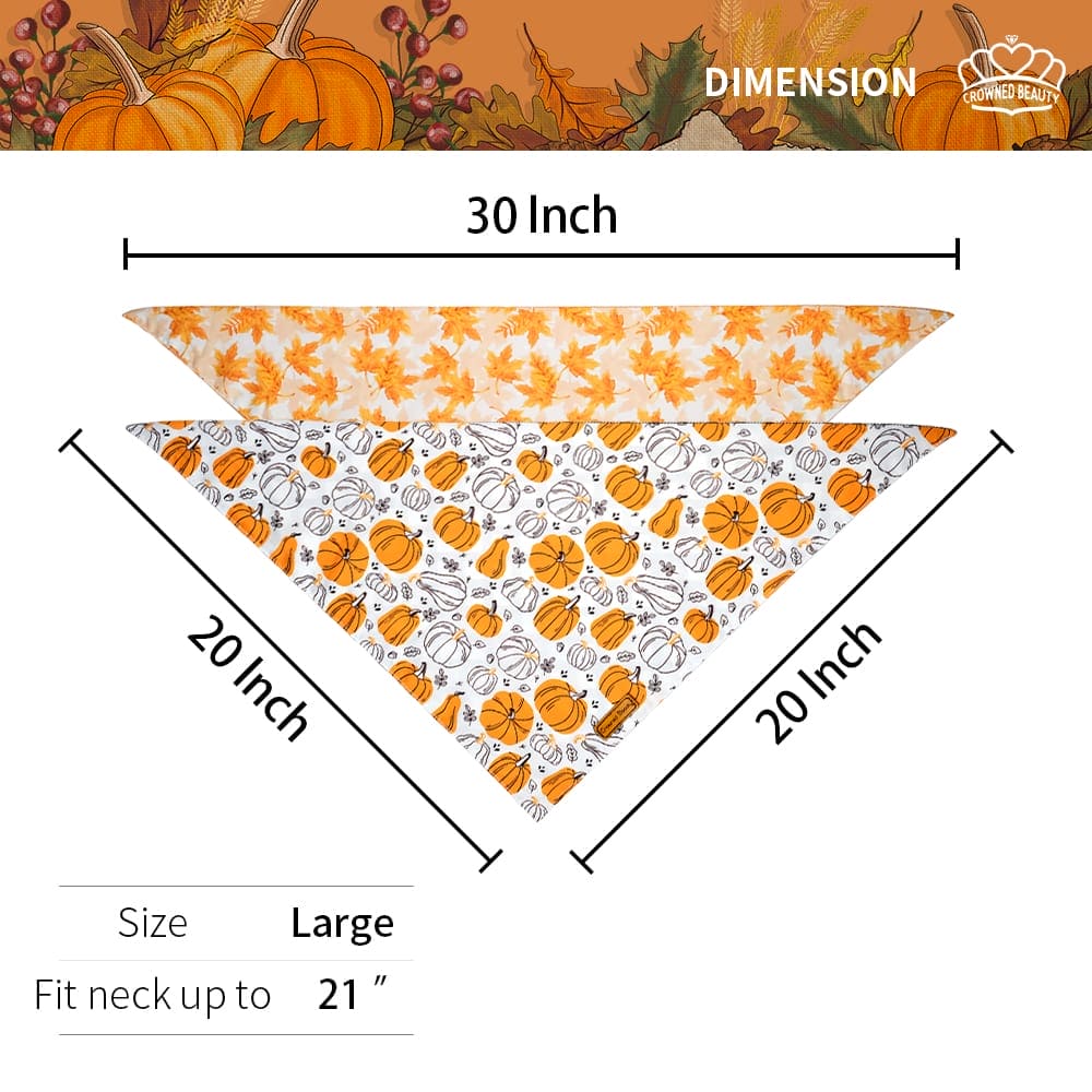 CROWNED BEAUTY Reversible Fall Dog Bandanas - Pumpkins, Maple Leaves 2-Pack for Medium to XL Dogs DB66