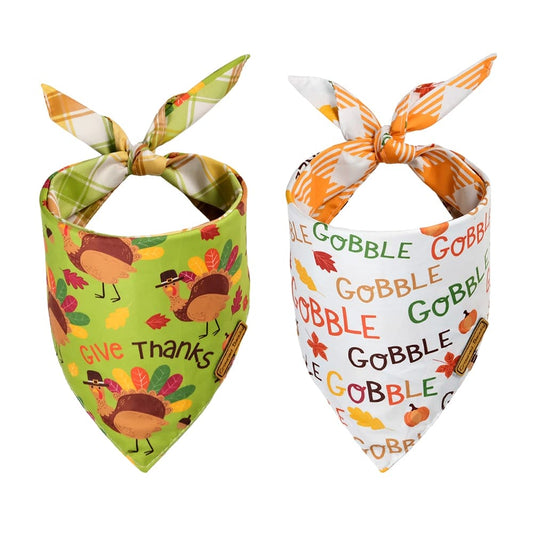 CROWNED BEAUTY Reversible Fall Dog Bandanas - Thanksgiving Turkey 2-Pack for Medium to XL Dogs DB67