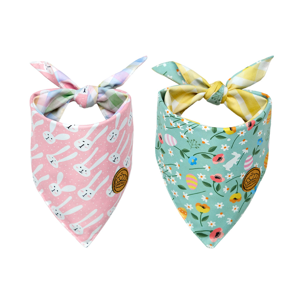 CROWNED BEAUTY Reversible Easter Dog Bandanas -Bunnies & Chicks Set- 2 Pack for Small to XL Dogs DB100