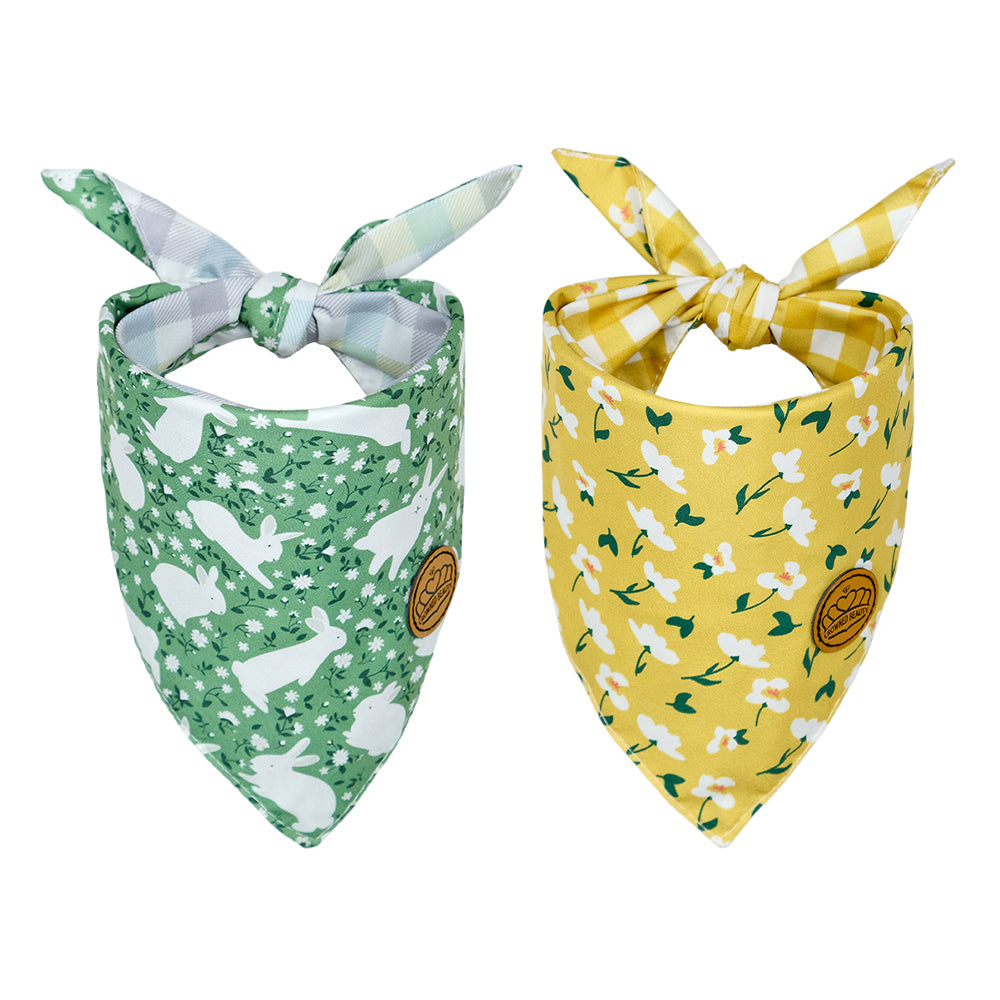 CROWNED BEAUTY Reversible Easter Dog Bandanas -Wildflower Hoppers Set- 2 Pack for Small to XL Dogs DB104