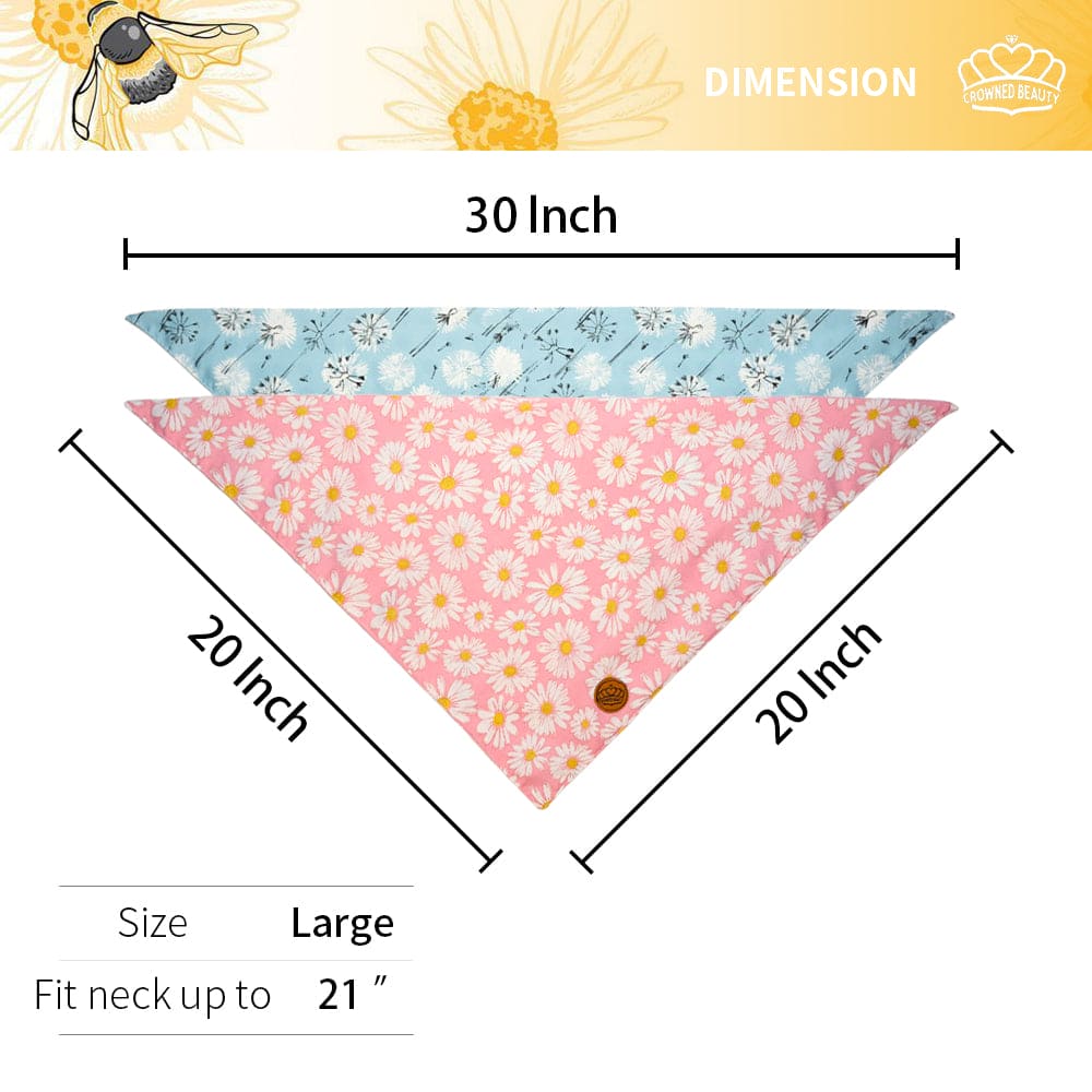 CROWNED BEAUTY Reversible Spring Dog Bandanas -Bloom Buddies Set- 2 Pack for Medium to XL Dogs DB105-L