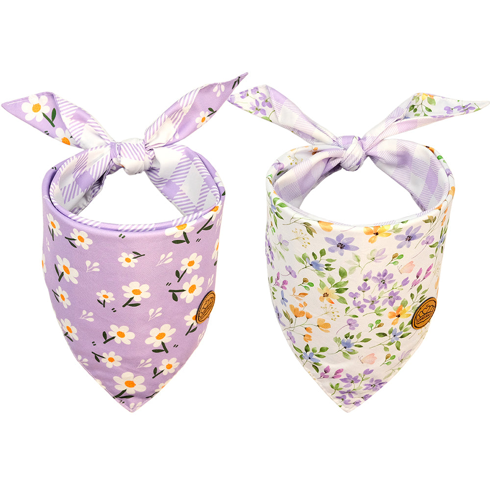 CROWNED BEAUTY Reversible Spring Dog Bandanas -Purple Petals Set- 2 Pack for Medium to XL Dogs DB106