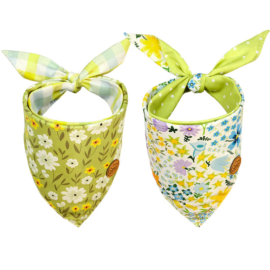 CROWNED BEAUTY Reversible Spring Dog Bandanas -Floral Fancies Set- 2 Pack for Medium to XL Dogs DB107