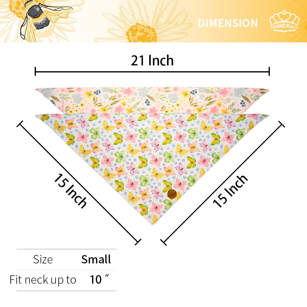 CROWNED BEAUTY Reversible Spring Dog Bandanas -Butterfly Blooms Set- 2 Pack for Medium to XL Dogs DB108
