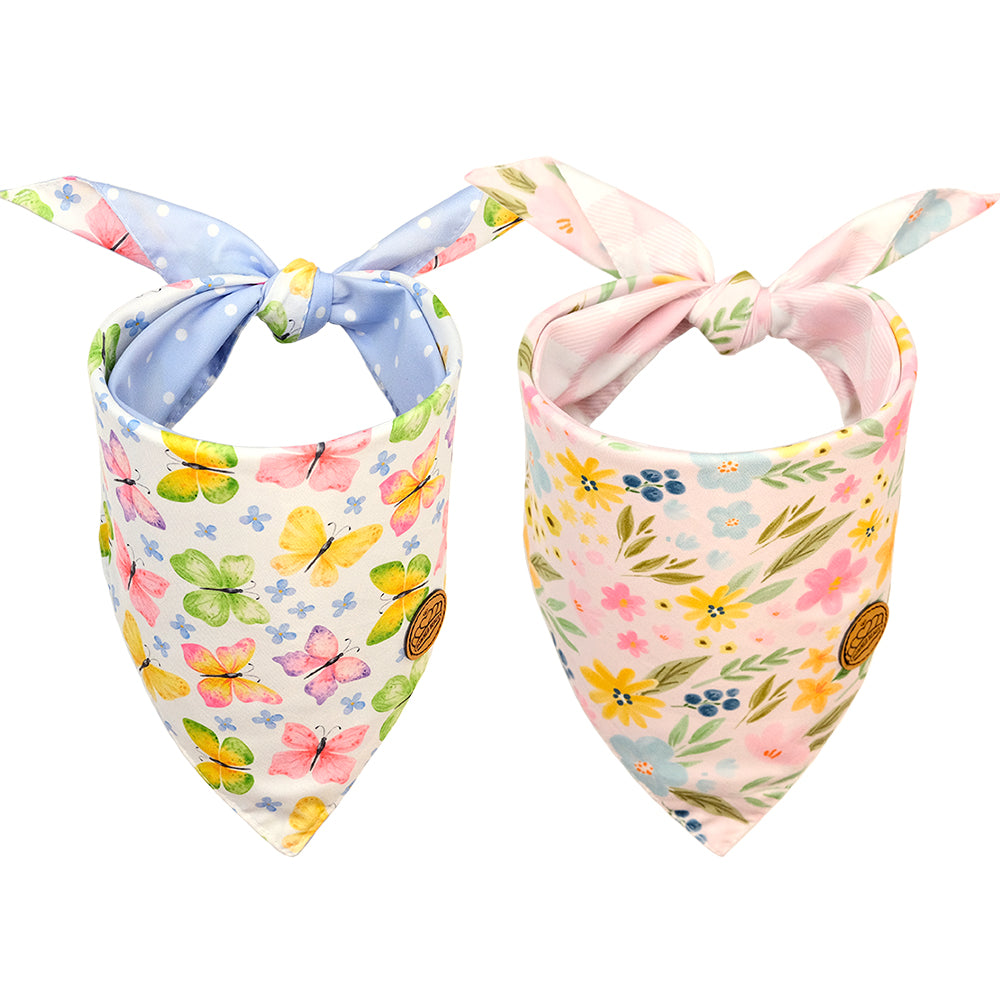 CROWNED BEAUTY Reversible Spring Dog Bandanas -Butterfly Blooms Set- 2 Pack for Medium to XL Dogs DB108