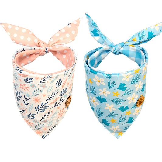 CROWNED BEAUTY Reversible Spring Dog Bandanas -Blossom Elegance Set- 2 Pack for Medium to XL Dogs DB109