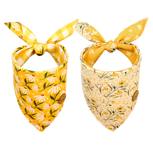 CROWNED BEAUTY Reversible Spring Dog Bandanas -Sunshine Blooms Set- 2 Pack for Medium to XL Dogs DB111