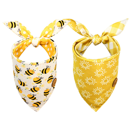CROWNED BEAUTY Reversible Spring Dog Bandanas -Buzzing Sunshine Set- 2 Pack for Medium to XL Dogs DB112