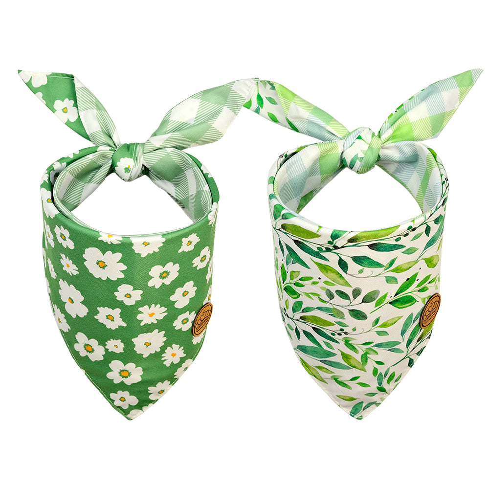 CROWNED BEAUTY Reversible Spring Dog Bandanas -Leafy Blossoms Set- 2 Pack for Medium to XL Dogs DB113