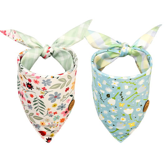 CROWNED BEAUTY Reversible Spring Dog Bandanas -Floral Charm Set- 2 Pack for Medium to XL Dogs DB115
