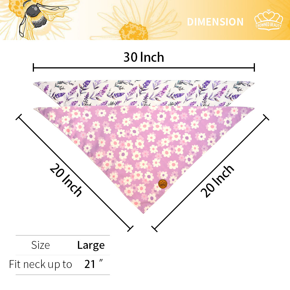 CROWNED BEAUTY Reversible Spring Dog Bandanas -Lavender Dreams Set- 2 Pack for Medium to XL Dogs DB116