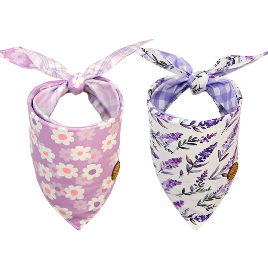 CROWNED BEAUTY Reversible Spring Dog Bandanas -Lavender Dreams Set- 2 Pack for Medium to XL Dogs DB116