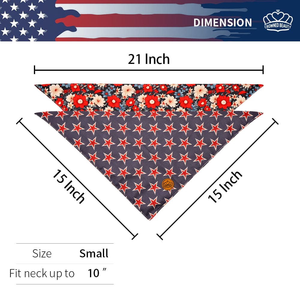 CROWNED BEAUTY Reversible 4th of July Patriotic Dog Bandanas -Floral Star Set- 2 Pack for Medium to XL Dogs DB117-L