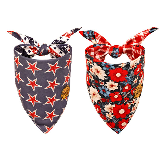 CROWNED BEAUTY Reversible 4th of July Patriotic Dog Bandanas -Floral Star Set- 2 Pack for Medium to XL Dogs DB117-L