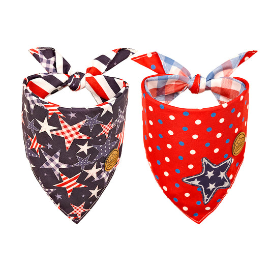 CROWNED BEAUTY Reversible 4th of July Patriotic Dog Bandanas -American Stars Set- 2 Pack for Medium to XL Dogs DB118-L