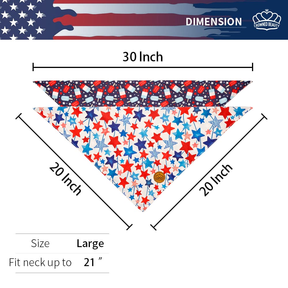 CROWNED BEAUTY Reversible 4th of July Patriotic Dog Bandanas -Star & Ice Cream Set- 2 Pack for Medium to XL Dogs DB119-L