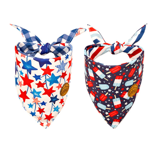 CROWNED BEAUTY Reversible 4th of July Patriotic Dog Bandanas -Star & Ice Cream Set- 2 Pack for Medium to XL Dogs DB119-L