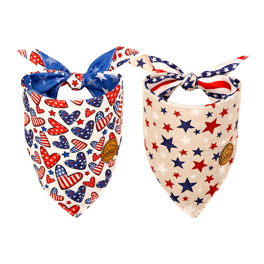 CROWNED BEAUTY Reversible 4th of July Patriotic Dog Bandanas -American Hearts Set- 2 Pack for Medium to XL Dogs DB120-L
