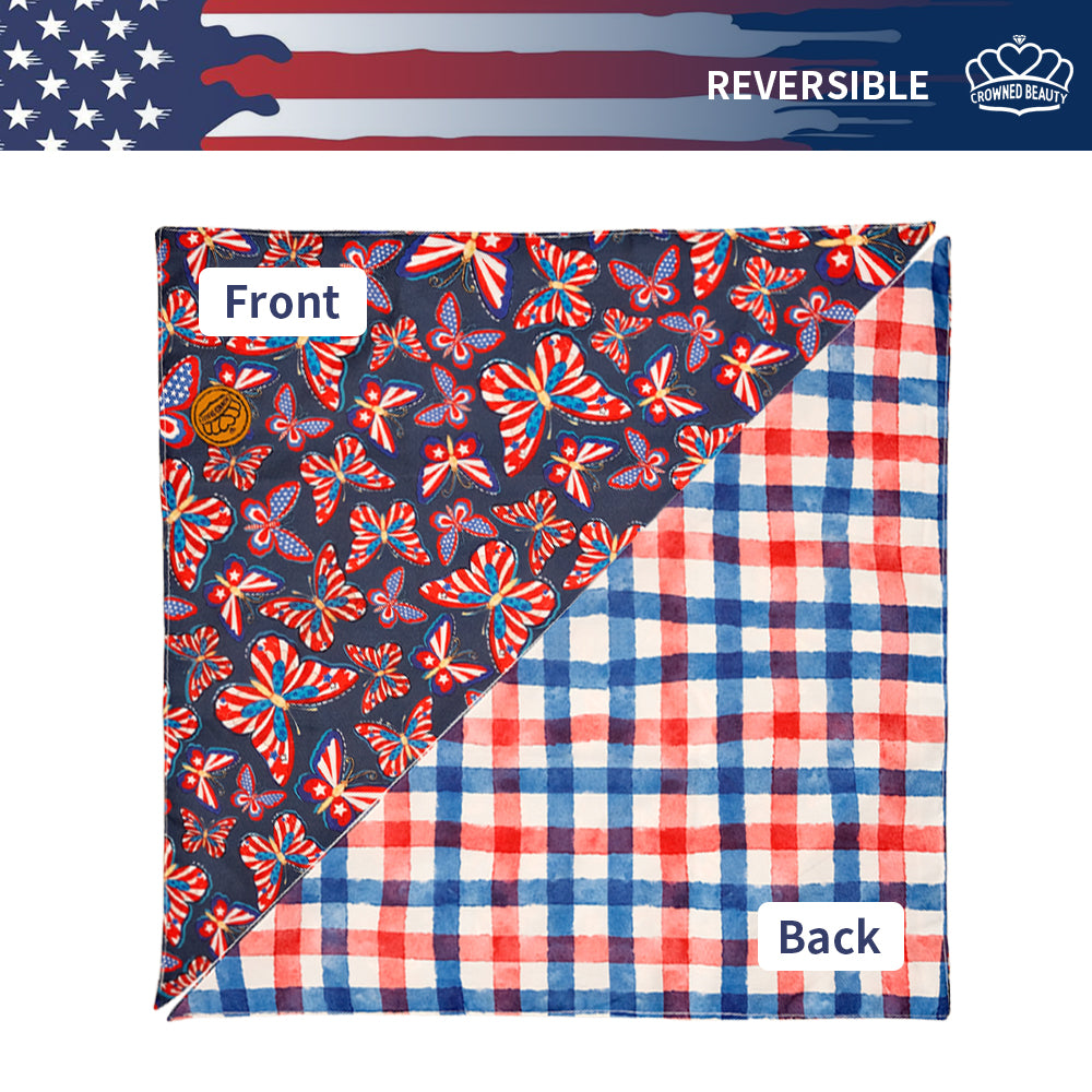 CROWNED BEAUTY Reversible 4th of July Patriotic Dog Bandanas -Butterfly Stars Set- 2 Pack for Medium to XL Dogs DB121-L