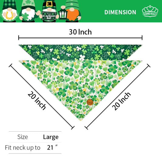 St. Patrick's Day Dog Bandanas 2-Pack Shake Your Shamrocks Set, Reversible Green Plaid Triangle Scarves for Medium & Large Dogs
