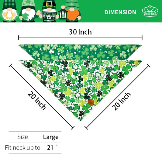 St. Patrick's Day Dog Bandanas 2-Pack Lucky Shamrocks Set, Reversible Green Plaid Adjustable Scarves for Medium & Extra Large Dogs