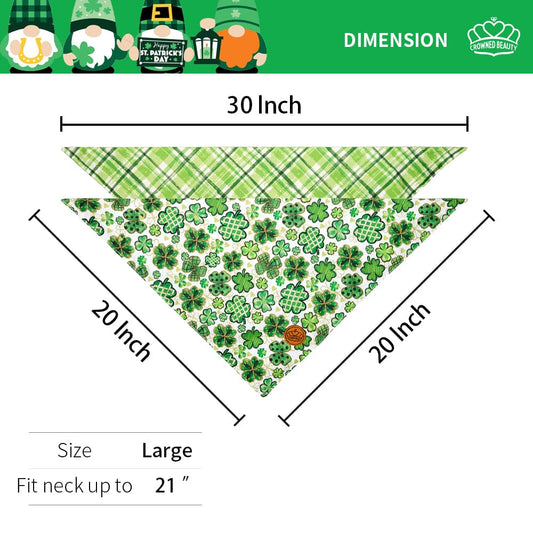 St. Patrick's Day Dog Bandanas 2-Pack Lucky & Blessed Set, Reversible Green Dots & Plaid Scarves for Medium to Extra Large Dogs