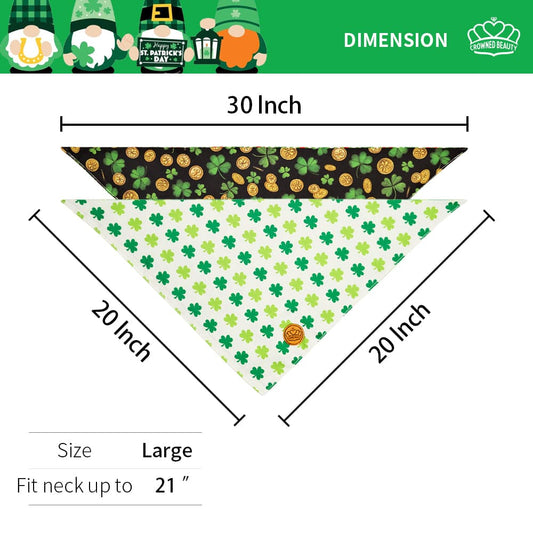 St. Patrick's Day Dog Bandanas 2-Pack Irish Clover Set, Reversible Green Plaid Holiday Scarves for Medium & Large Dogs