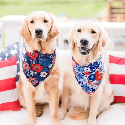 CROWNED BEAUTY 4th of July Patriotic Dog Bandanas Reversible Large 2 Pack, Floral Set DB53