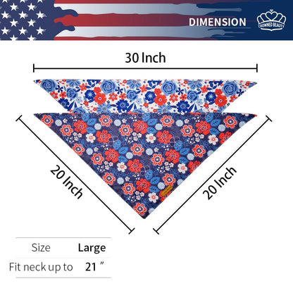 CROWNED BEAUTY 4th of July Patriotic Dog Bandanas Reversible Large 2 Pack, Floral Set DB53