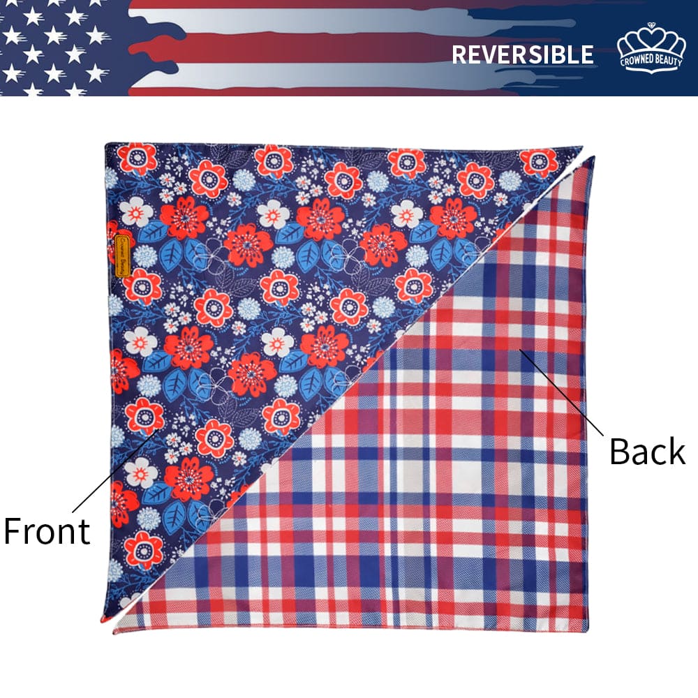 CROWNED BEAUTY 4th of July Patriotic Dog Bandanas Reversible Large 2 Pack, Floral Set DB53