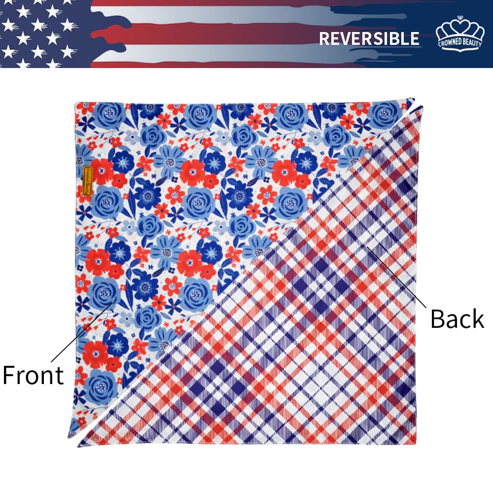 CROWNED BEAUTY 4th of July Patriotic Dog Bandanas Reversible Large 2 Pack, Floral Set DB53