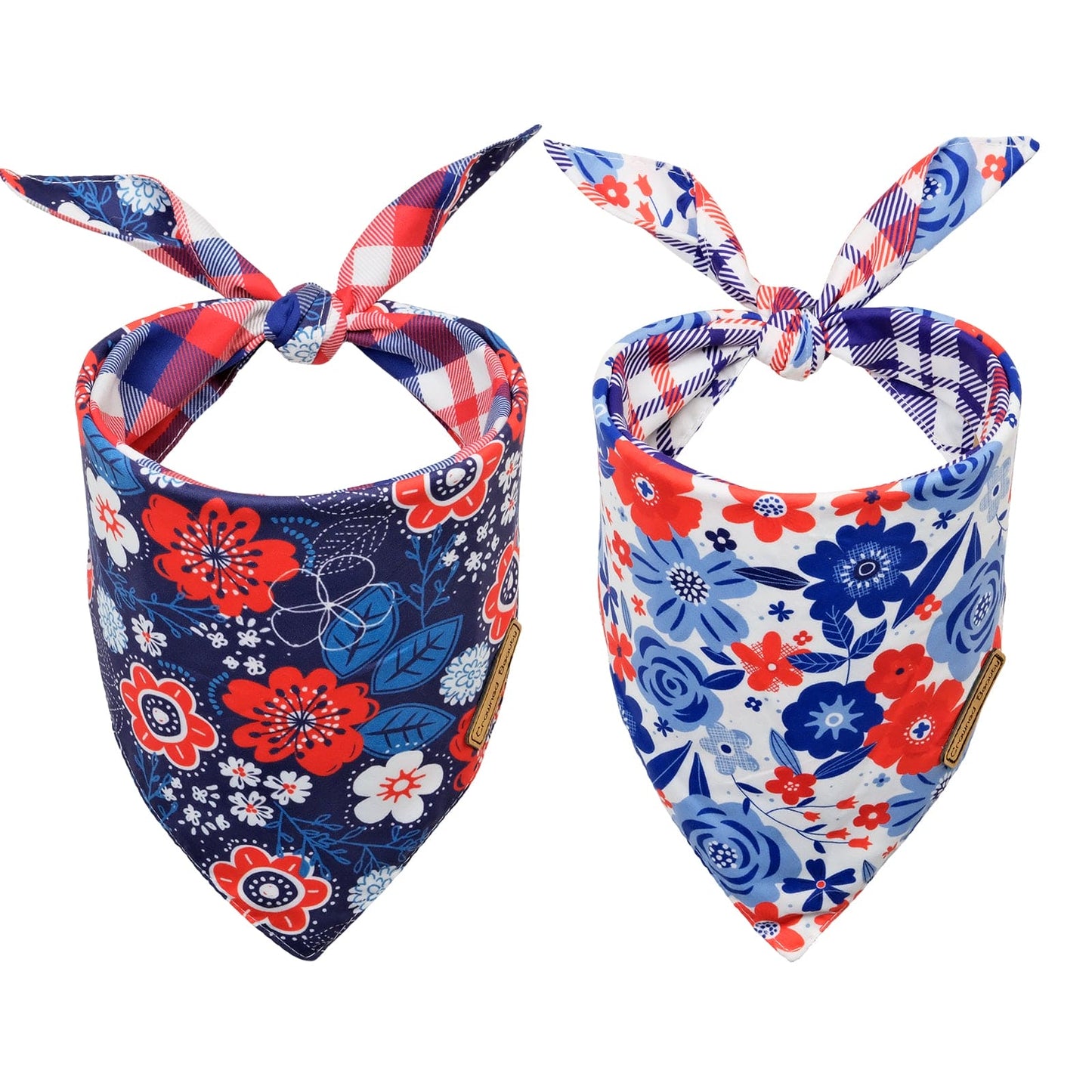 CROWNED BEAUTY 4th of July Patriotic Dog Bandanas Reversible Large 2 Pack, Floral Set DB53