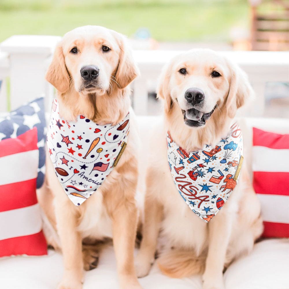 CROWNED BEAUTY 4th of July Patriotic Dog Bandanas Reversible Large 2 Pack, I Love America Set DB60