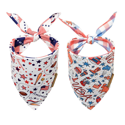 CROWNED BEAUTY 4th of July Patriotic Dog Bandanas Reversible Large 2 Pack, I Love America Set DB60