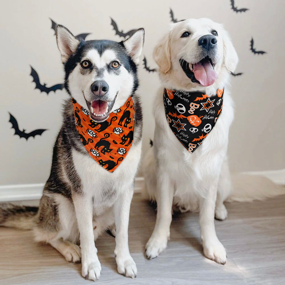 CROWNED BEAUTY Reversible Halloween Dog Bandanas - Happy Halloween Boo Set-2 Pack for Medium to XL Dogs DB68