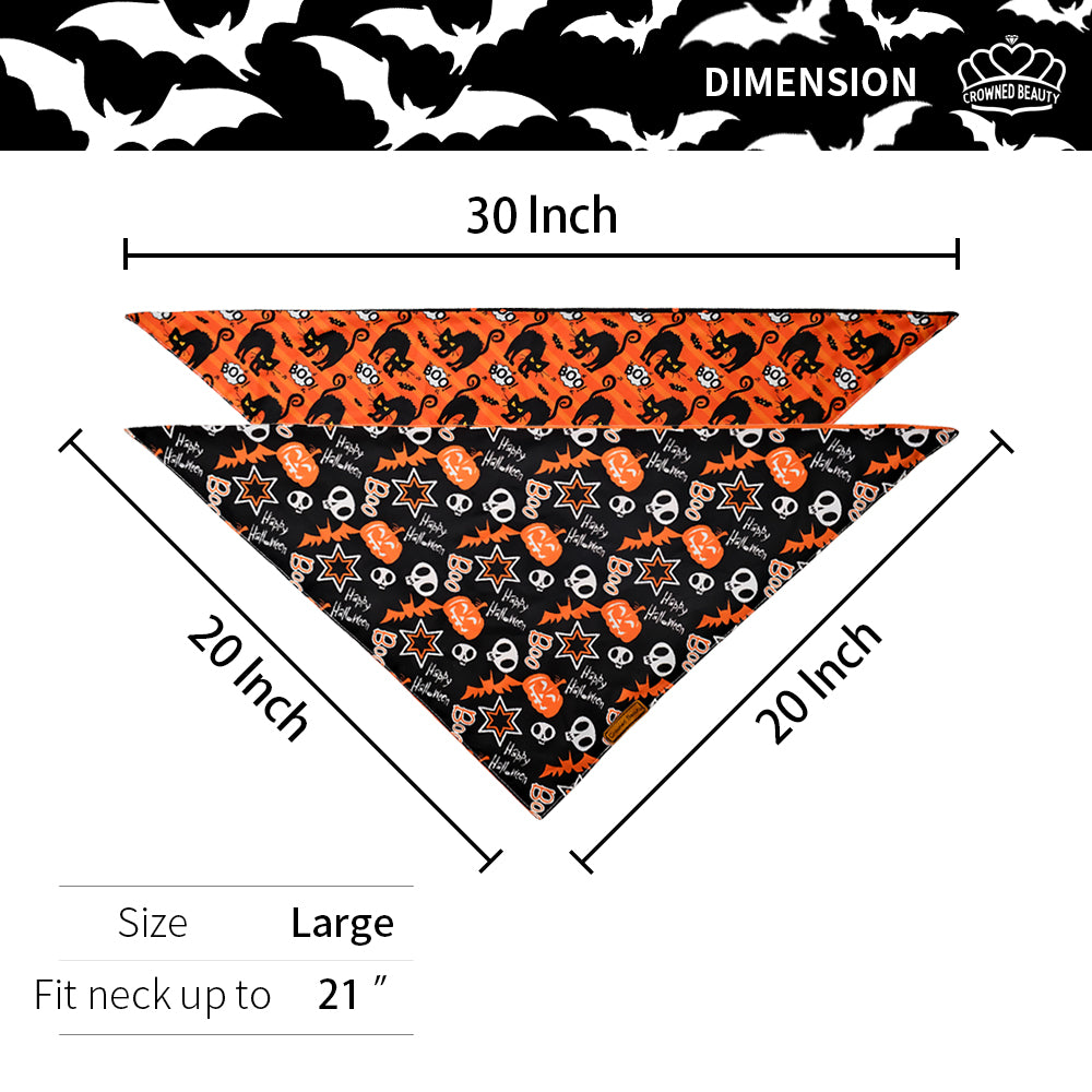 CROWNED BEAUTY Reversible Halloween Dog Bandanas - Happy Halloween Boo Set-2 Pack for Medium to XL Dogs DB68