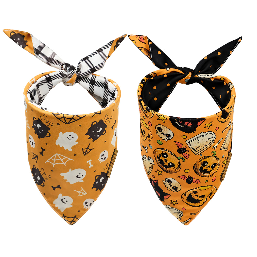CROWNED BEAUTY Reversible Halloween Dog Bandanas - Ghost Set-2 Pack for Medium to XL Dogs DB69