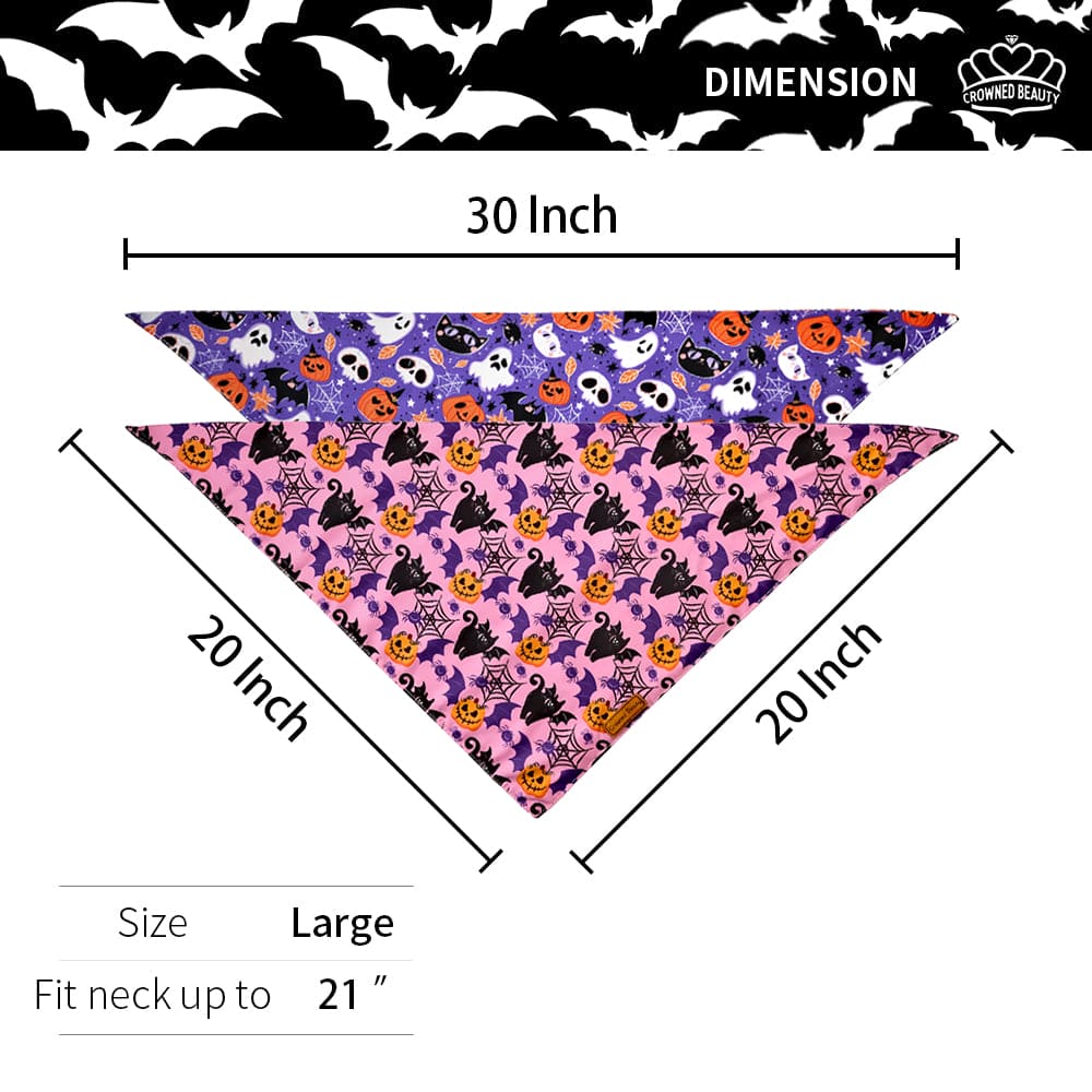 CROWNED BEAUTY Reversible Halloween Dog Bandanas - Spooky Paws Set-2 Pack for Medium to XL Dogs DB71