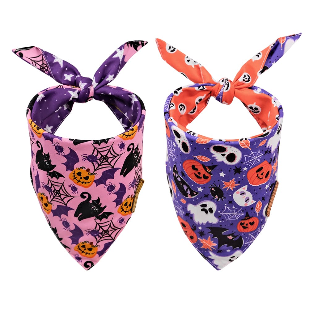 CROWNED BEAUTY Reversible Halloween Dog Bandanas - Spooky Paws Set-2 Pack for Medium to XL Dogs DB71