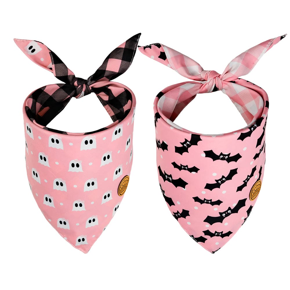 CROWNED BEAUTY Reversible Halloween Dog Bandanas - Ghost Bat Set-2 Pack for Medium to XL Dogs DB76