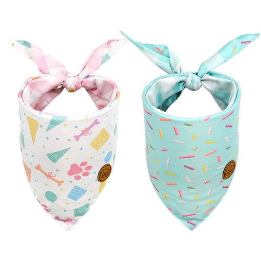 CROWNED BEAUTY Reversible Birthday Dog Bandanas - Celebration Set(Pink)-2 Pack for Medium to XL Dogs DB77