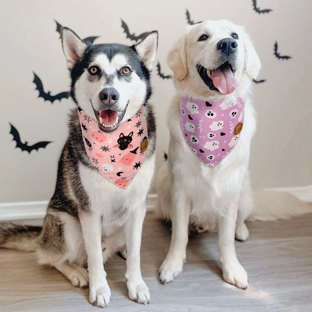 CROWNED BEAUTY Reversible Halloween Dog Bandanas - Pink Ghost Set-2 Pack for Medium to XL Dogs DB78