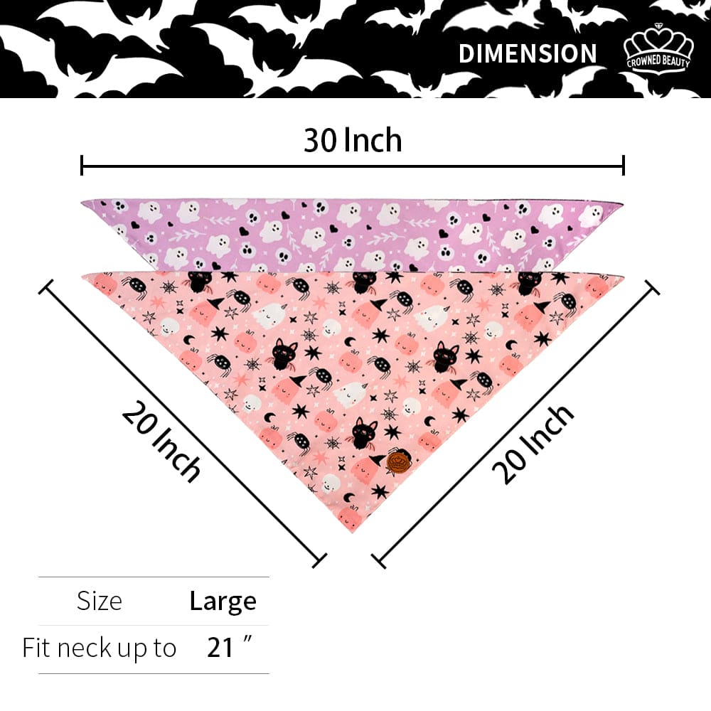 CROWNED BEAUTY Reversible Halloween Dog Bandanas - Pink Ghost Set-2 Pack for Medium to XL Dogs DB78