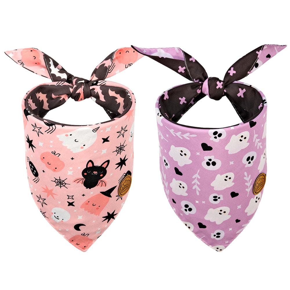 CROWNED BEAUTY Reversible Halloween Dog Bandanas - Pink Ghost Set-2 Pack for Medium to XL Dogs DB78