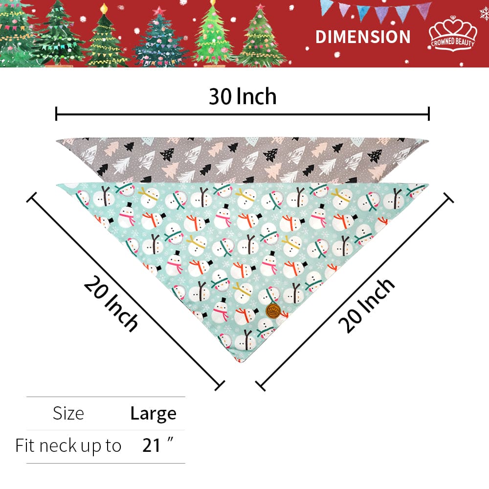 CROWNED BEAUTY Reversible Christmas Dog Bandanas - Frosty Pines Set-2 Pack for Medium to XL Dogs DB79