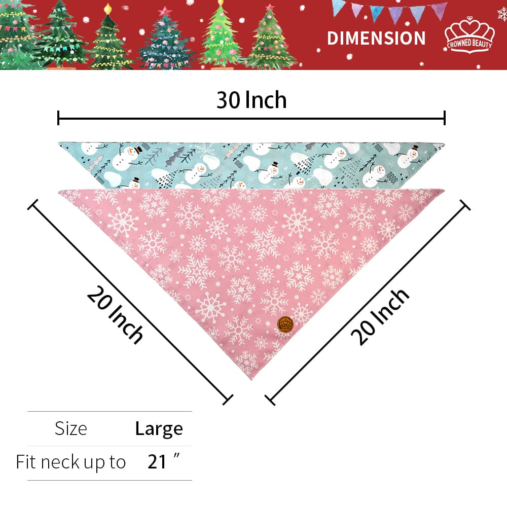 CROWNED BEAUTY Reversible Christmas Dog Bandanas - Winter Whimsy Set-2 Pack for Medium to XL Dogs DB80