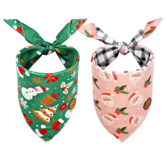 CROWNED BEAUTY Reversible Christmas Dog Bandanas - Santa Spruce Set-2 Pack for Medium to XL Dogs DB82
