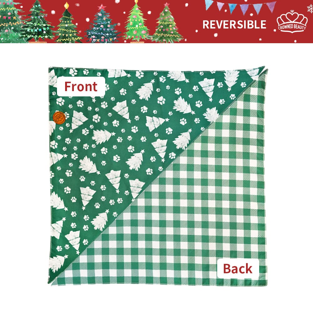 CROWNED BEAUTY Reversible Christmas Dog Bandanas - Pine & Reindeer Set-2 Pack for Medium to XL Dogs DB83
